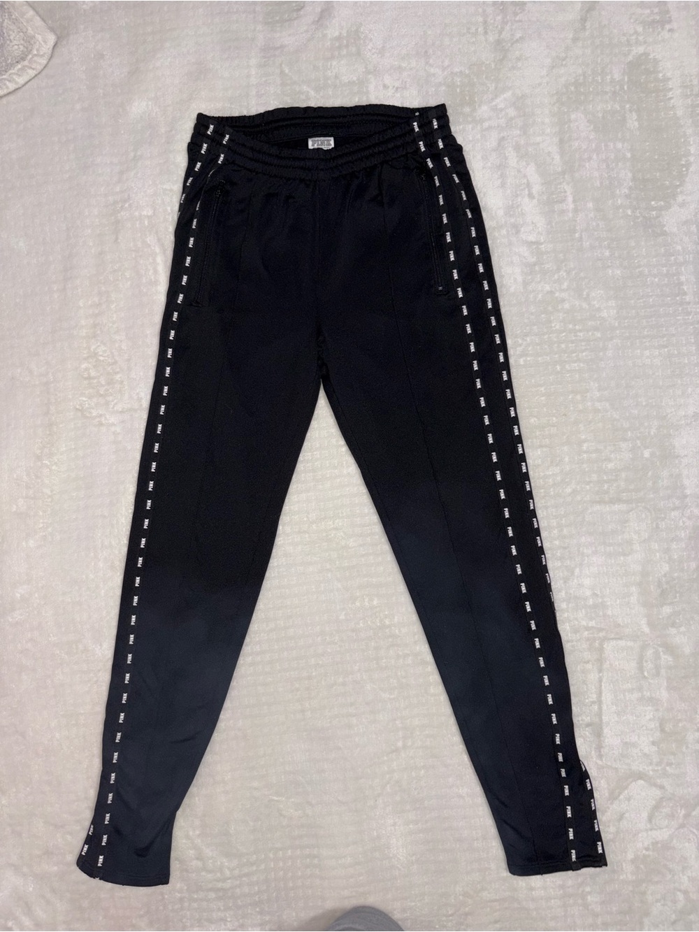 PINK Victoria's Secret Black Track Joggers with White Side Detail and Zipper